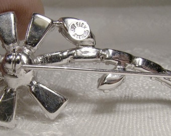 Jay Flex STERLING Silver White Rhinestones Flower Brooch