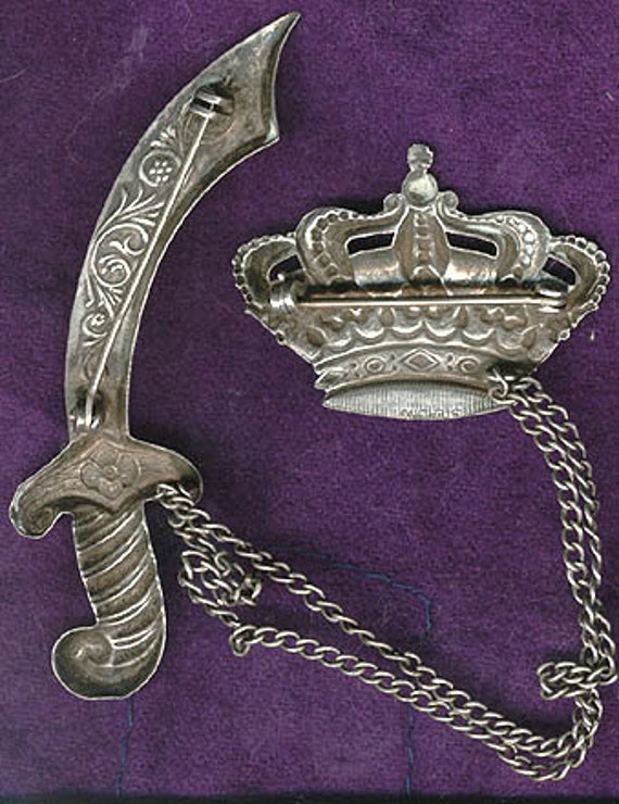 Crown & Sword STERLING SILVER Swag Brooch Pin 193… - image 4