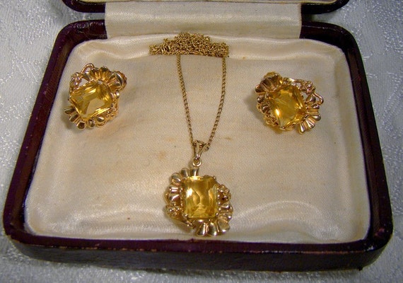 10K Citrine Pendant Necklace & Earrings Set 1940s Citrenes