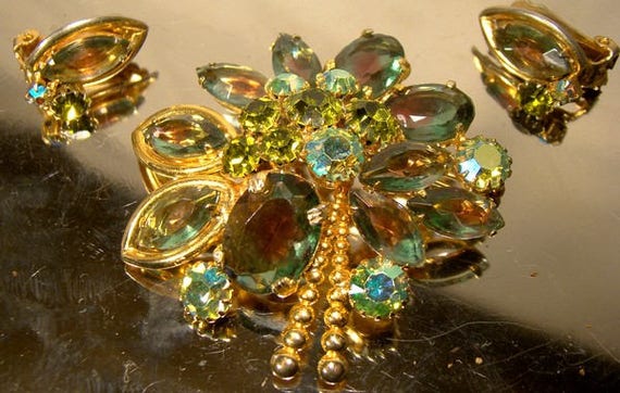 Continental Watermelon Rhinestone Brooch and Earr… - image 1