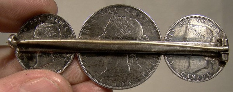 Victorian Sterling Silver Engraved Token Brooch Canadian Coins Pin 1880s