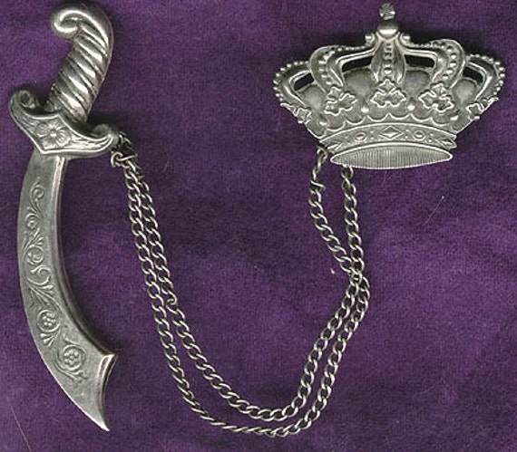 Crown & Sword STERLING SILVER Swag Brooch Pin 193… - image 1