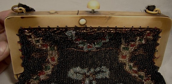 1920s-30s Floral Glass Black Beaded Purse with Ce… - image 3