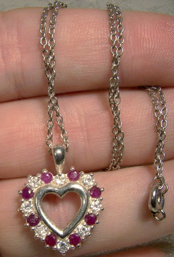 Sterling Silver Rubies Heart Pendant Necklace 198… - image 2