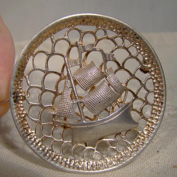 Rodi & Wienenberger Galleon Ship Gilt Sterling Silver Brooch 1920