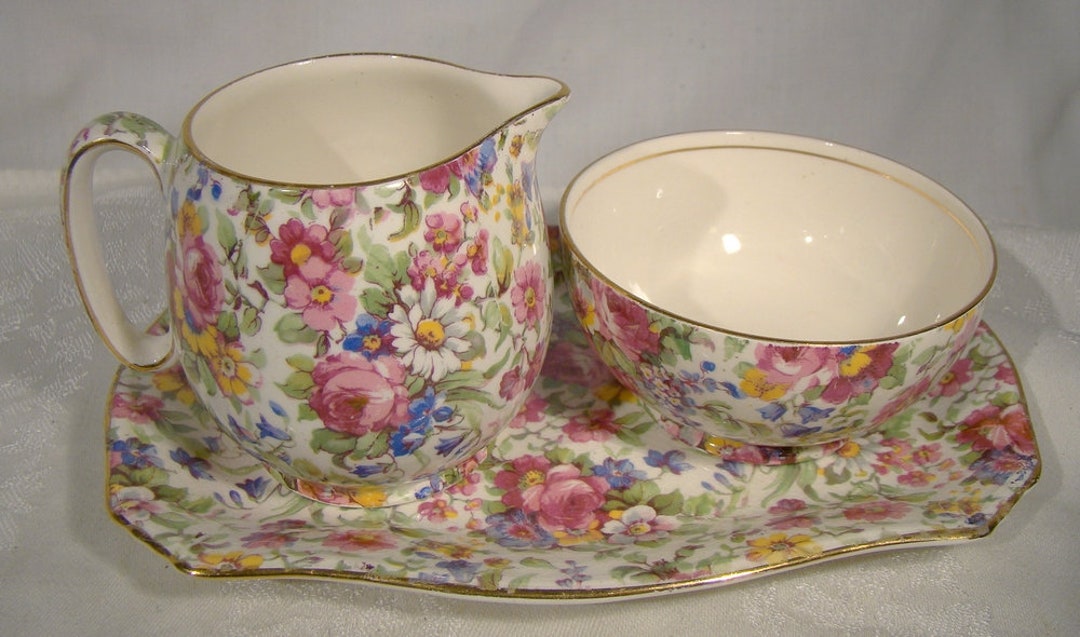 Royal Winton Summertime Chintz Cream Sugar Bowl and Tray Countess Shape