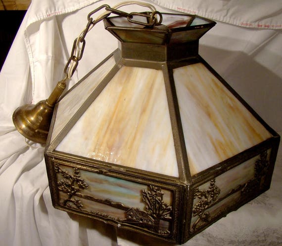 Authentic 1920s Slag Glass Scenic Chandelier Ceiling Lamp Pick up