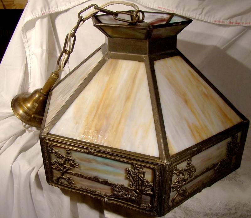 Authentic 1920s Slag Glass Scenic Chandelier Ceiling Lamp Pick up