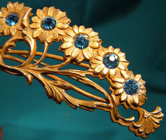 Antique Gilt Brass Art Nouveau DAISIES RHINESTONE… - image 2