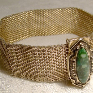 Sarah Coventry Gold Plated Green Stone Mesh Bracelet 1960s 1970s