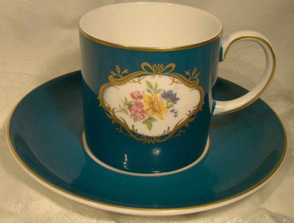 Susie Cooper Teal Floral Gold Tea Cup and Saucer 1950s Teacup | Etsy