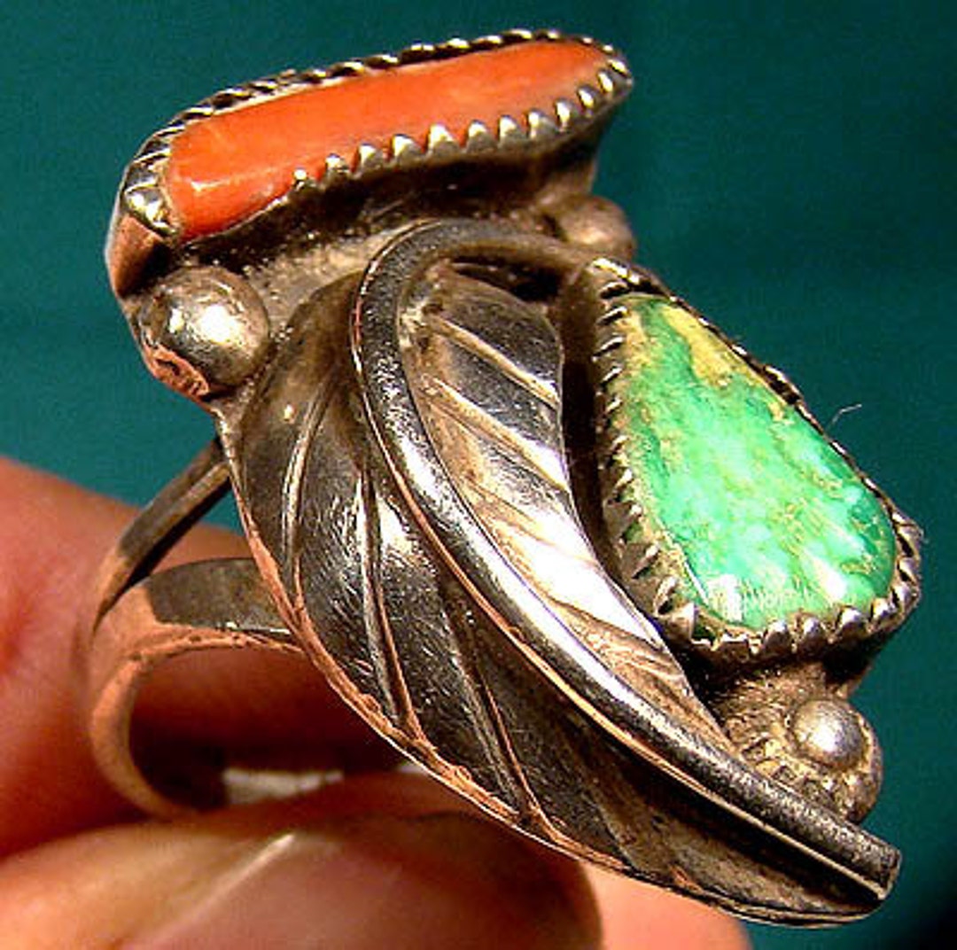 NAVAJO Turquoise & Coral STERLING Silver Ring 1960s 1970 Signed RE Rick ...