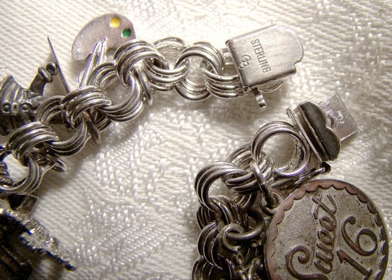 Triple Round Link Sterling Silver Charm Bracelet with 19 Charms 1970s (item  #1374162)