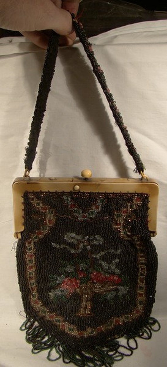 1920s-30s Floral Glass Black Beaded Purse with Ce… - image 1