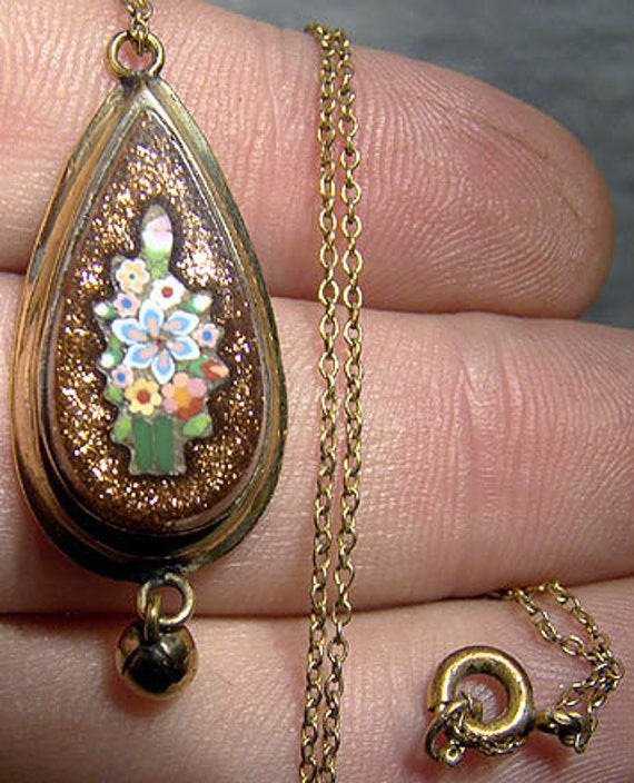 Antique Victorian 19thc Micro mosaic on Goldstone Pendant Necklace