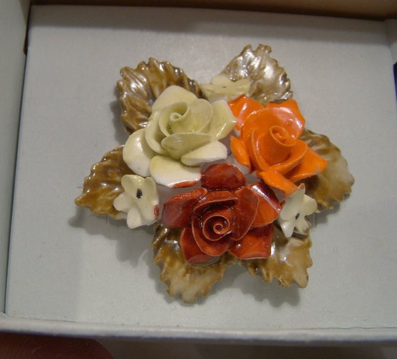 Royal Adderley China Roses Floral Pin Brooch in O… - image 3