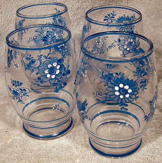 Set of 4 Czech Floral Hand Painted Juice Style Glasses 1920 1930