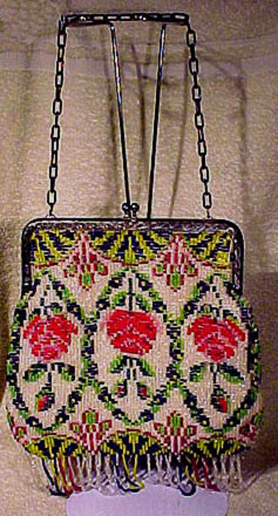 Antique Edwardian Roses Beaded Purse or Handbag 19