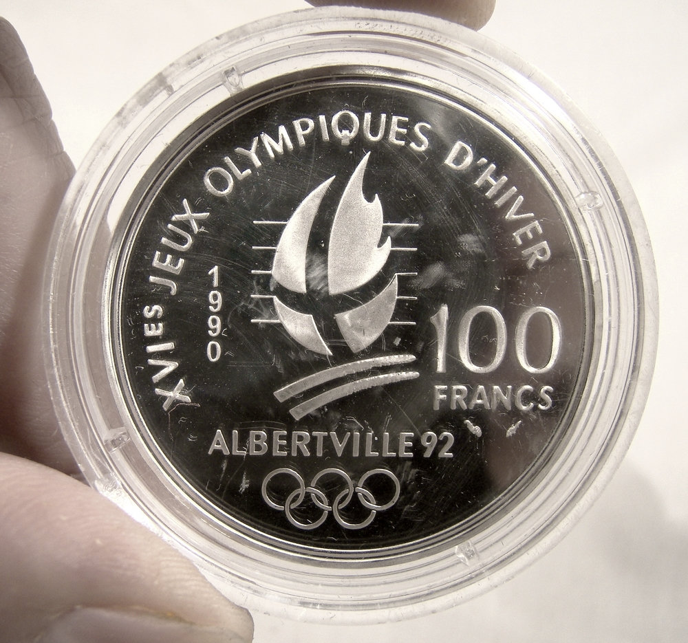1992 Albertville Olympics Speed Skating 100 Franc Silver Coin in