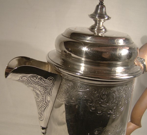 ELLIS BARKER Silver Plate Coffee Pot 1920s Engraved Barker Ellis