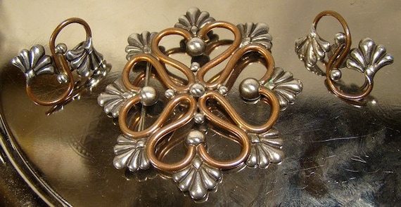 Hector Aguilar 940 Sterling Silver & Copper Brooch and Earrings Set 1940