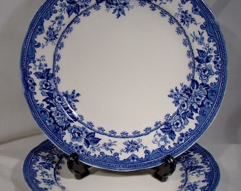 May include: Two blue and white ceramic dinner plates with a floral pattern. The plates are stacked on top of each other.