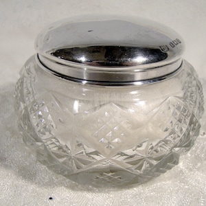 Sterling Silver Top Pressed Glass Powder Jar with Original Puff 1920
