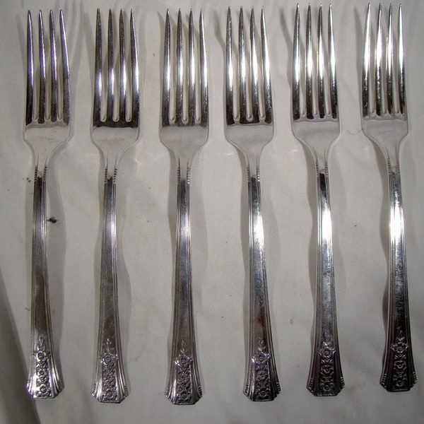 6 Oneida Tudor Fortune 7-1/8" Silver Plated Luncheon Forks 1939