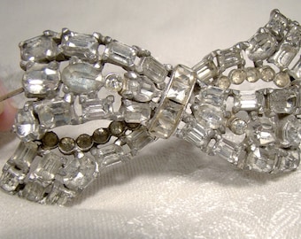 Large Signed Coro 1930s White Rhinestone Bow Brooch 1920s 1930s