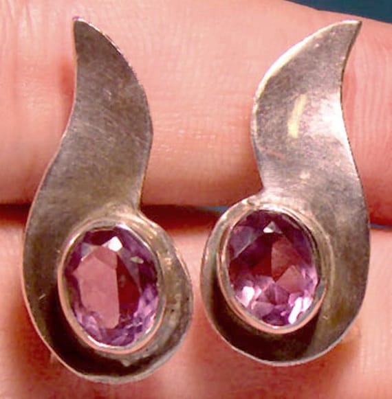 Mexican Sterling Silver Amethyst Earrings 1940s M… - image 1