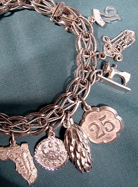 Sterling Silver CHARM BRACELET Double Link Varied CHARMS Enamel Bird Cage 
