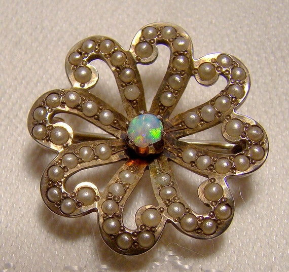 Gilt Sterling Silver Opal and Seed Pearls Brooch … - image 1