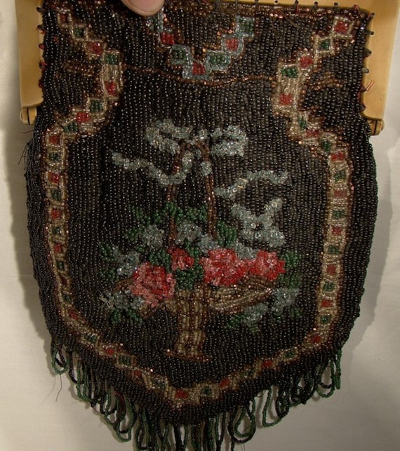 1920s-30s Floral Glass Black Beaded Purse with Ce… - image 2