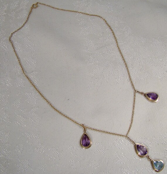 Art Deco 15K Amethysts Aquamarine Sautoir 3 Drops… - image 2