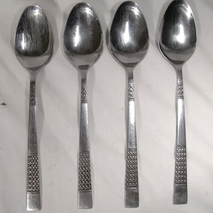 4 Nasco Aztec Scroll Stainless Steel 7-1/2" Place Dessert or Oval Soup Spoons