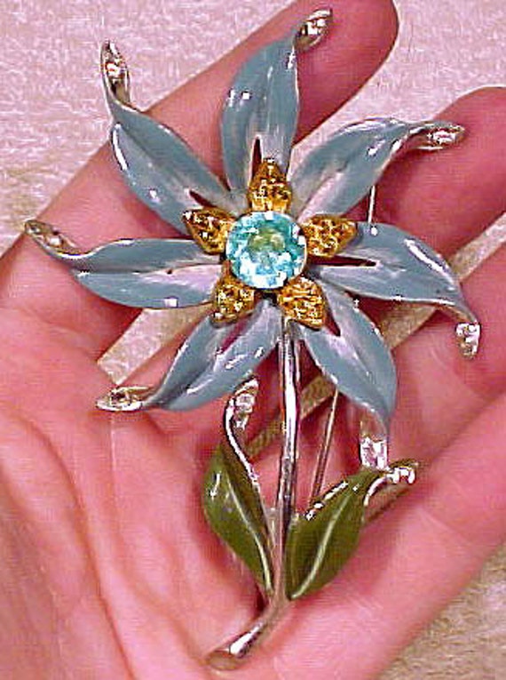 CORO Enamel Lucite and Rhinestone Flower COAT PIN