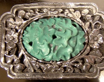 Chinese 19th Century Export Silver Carved Turquoise Brooch