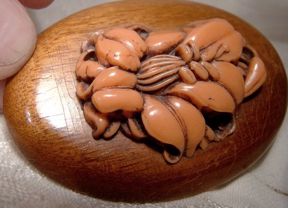 Moulded Coral Celluloid Floral & Wood Brooch Pin … - image 2