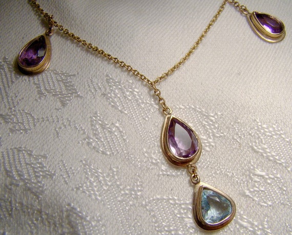 Art Deco 15K Amethysts Aquamarine Sautoir 3 Drops… - image 1