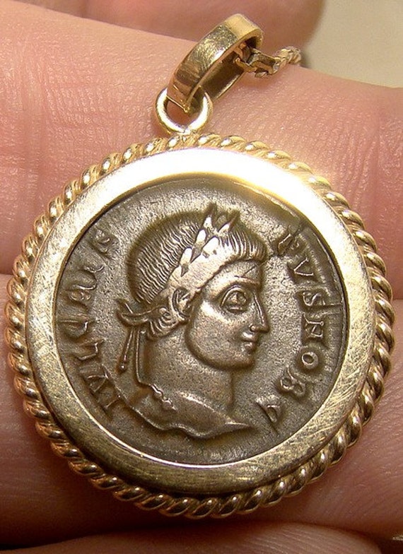 10K Gold Pendant NECKLACE with Genuine Crispus Follis Ancient Roman COIN 320 AD