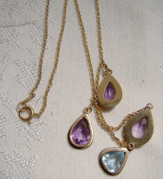 Art Deco 15K Amethysts Aquamarine Sautoir 3 Drops… - image 3