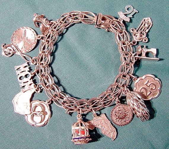 Sterling Silver CHARM BRACELET Double Link Varied CHARMS Enamel Bird Cage 