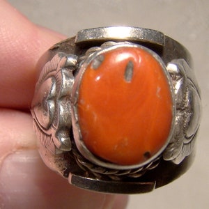 Nepal Sterling Silver and Coral Ring Size 7-3/4
