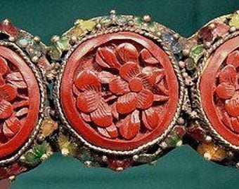 Chinese Cinnabar & Enamel Floral Dress Clip 1900