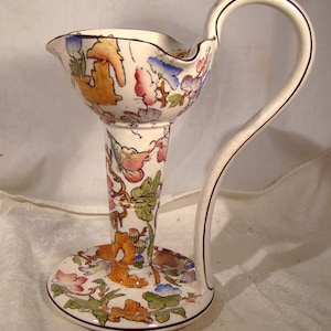 May include: A vintage ceramic candle holder with a curved handle. The off-white holder features colorful floral and animal designs in orange, pink, blue, and green. The base is round, and the handle is outlined in black.