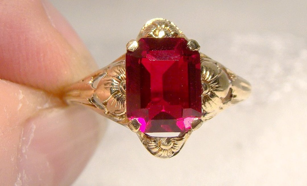 10K Art Nouveau Synthetic Ruby Ring 1910 1920 Yellow Gold Size 5-3