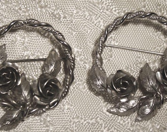 Sterling Silver Brooch Roses Round Brooches Pair 1950s-1960 Bond Boyd