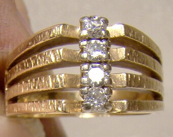 14k Split Band Diamonds Ring c1960s Wedding or Engagement 14 K Four Band Size 6.5