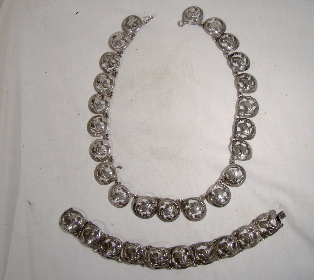 Mexican Sterling Silver Necklace and Bracelet Set by Alfredo Villasana