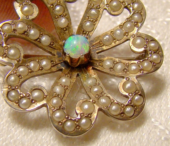 Gilt Sterling Silver Opal and Seed Pearls Brooch … - image 2